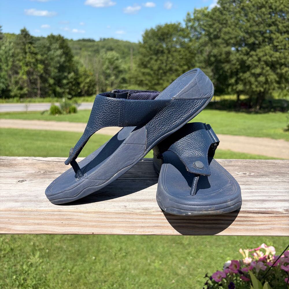 FitFlop Men's Trakk II Leather Navy Sandals 10 Microwobbleboard Adjustable